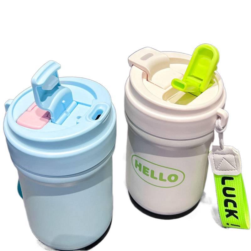 AD كوب قهوة للسفر بمقبض سهل الحمل وغطاء بشفاط من ستانلس ستيل، 600 ml، أبيض مع غطاء بقشة مع مقبض من الستانلس ستيل باللون الأبيض - Image 4