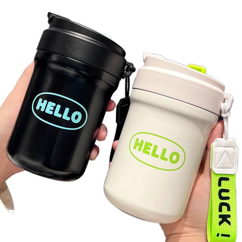 AD كوب قهوة للسفر بمقبض سهل الحمل وغطاء بشفاط من ستانلس ستيل، 600 ml، أبيض مع غطاء بقشة مع مقبض من الستانلس ستيل باللون الأبيض - Image 5