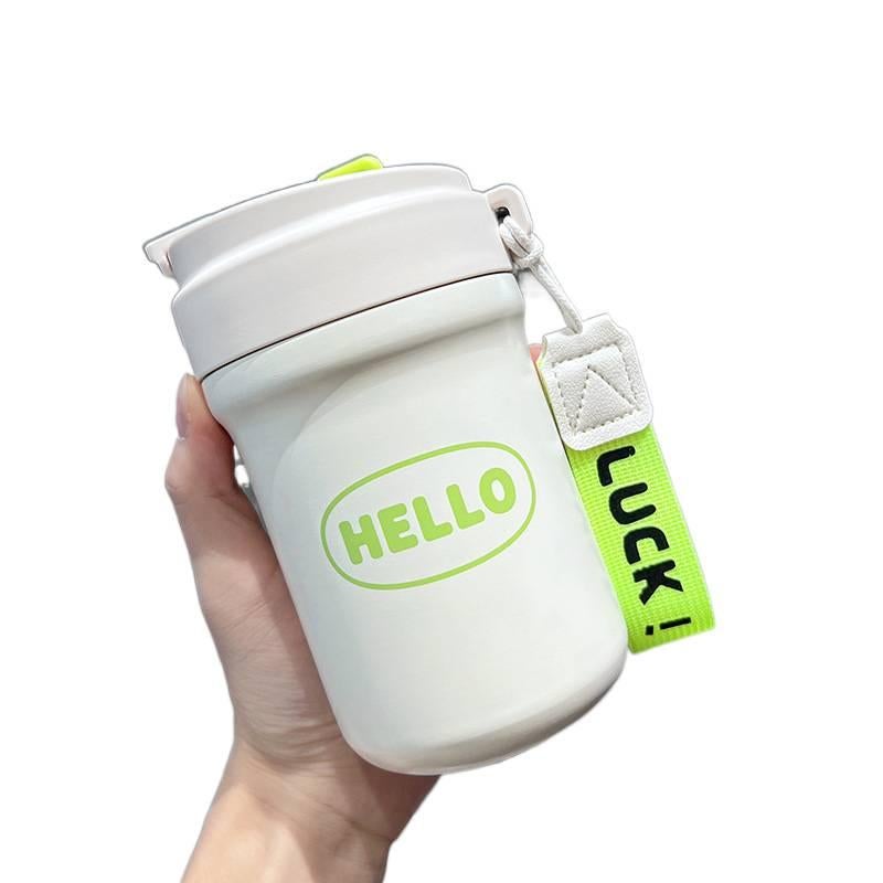 AD كوب قهوة للسفر بمقبض سهل الحمل وغطاء بشفاط من ستانلس ستيل، 600 ml، أبيض مع غطاء بقشة مع مقبض من الستانلس ستيل باللون الأبيض - Image 1