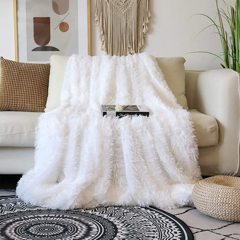 Tuddrom Decorative Extra Soft Faux Fur Blanket Twin Size 70" x 78",Solid Reversible Fuzzy Long Hair Shaggy Blanket,Fluffy Plush Fleece Comfy Microfiber Throw Blanket for Couch Sofa Bed,Pure White - Image 1