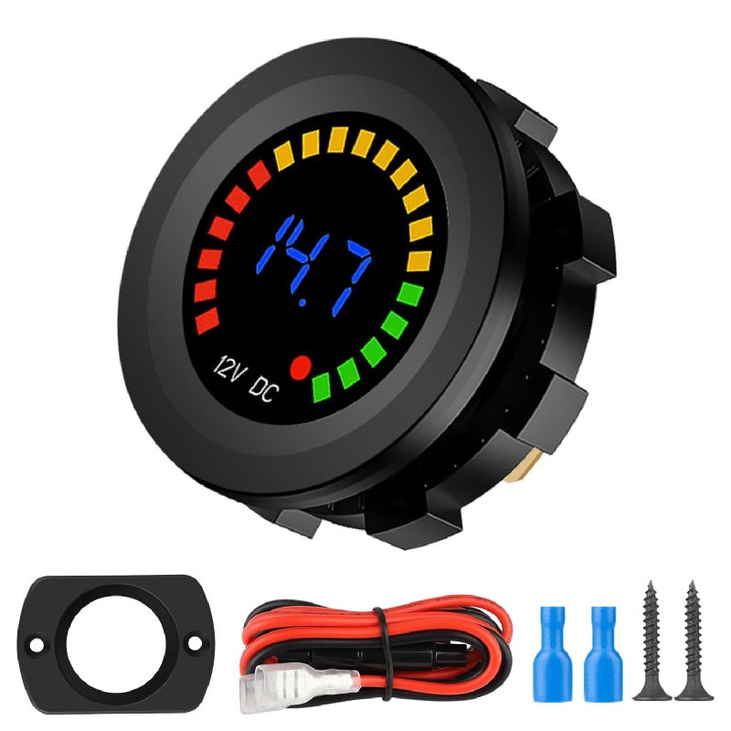 Linkstyle Battery Meter Waterproof 12V Voltmeter Gauge LED Digital Display Voltage Gauge Round Voltage Meter for Marine Car Motorcycle Truck Boat RV