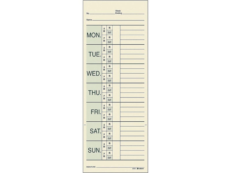 Adams Time Cards Weekly 2Sided Overtime Format Named Days 338 x 9 Manila GreenRed Print 200Count 9791200