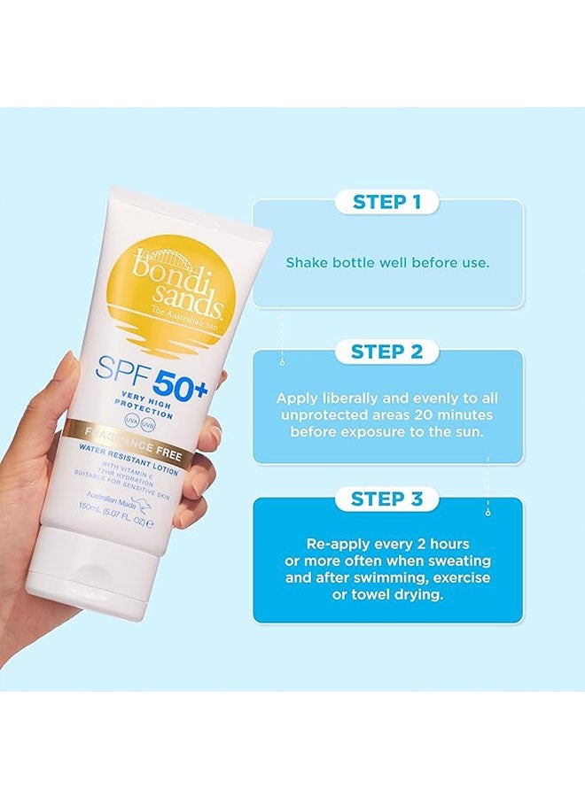 بوندي ساندز SPF 50+ UVA وحماية UVB واقي شمسي مقاوم للماء 150 مل ، عطر خالي من فيتامين E ، كريم شمسي ترطيب 72 ساعة مناسب للبشرة الحساسة - Image 5
