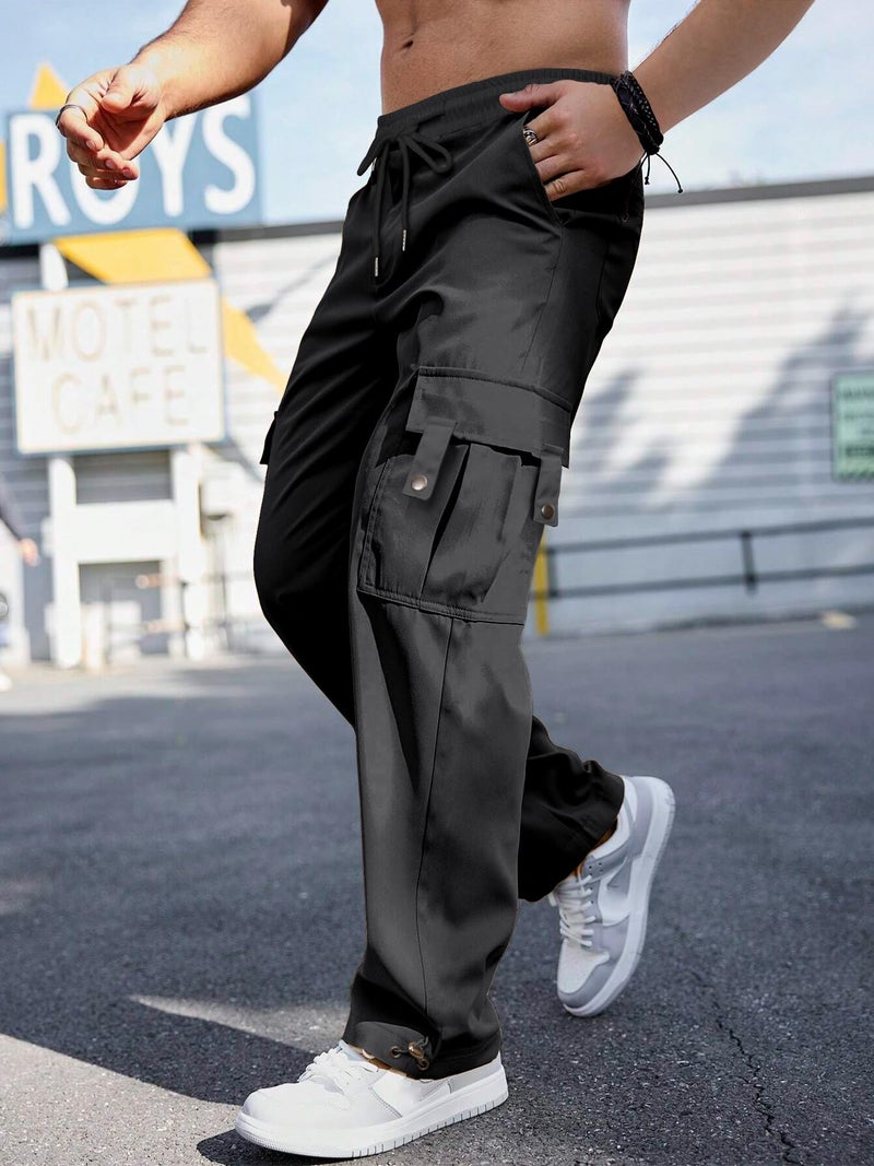 PLEPAN Men's Casual Cargo Pants with Drawstring Hems Elastic Waist Workout Pants Hiking Tactical Sweatpants Streetwear with Pockets Black Medium - Image 2