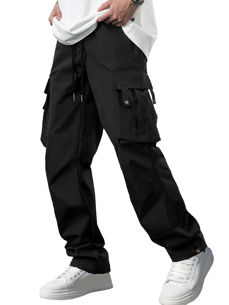 PLEPAN Men's Casual Cargo Pants with Drawstring Hems Elastic Waist Workout Pants Hiking Tactical Sweatpants Streetwear with Pockets Black Medium - Image 1