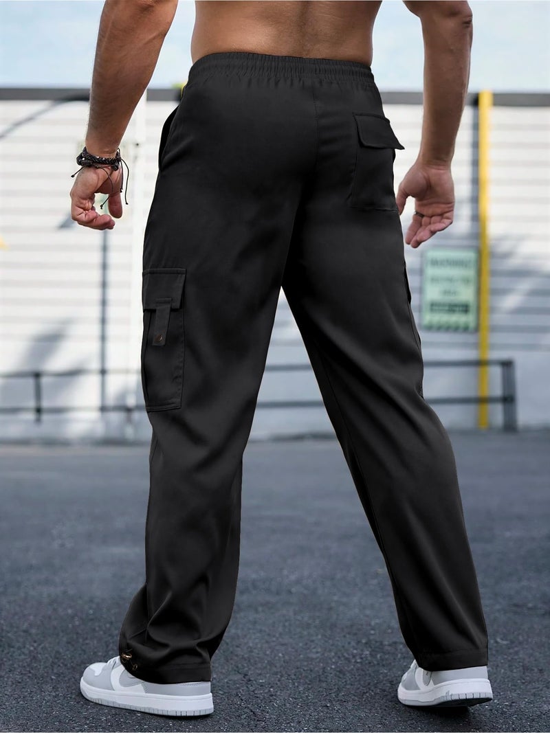 PLEPAN Men's Casual Cargo Pants with Drawstring Hems Elastic Waist Workout Pants Hiking Tactical Sweatpants Streetwear with Pockets Black Medium - Image 3