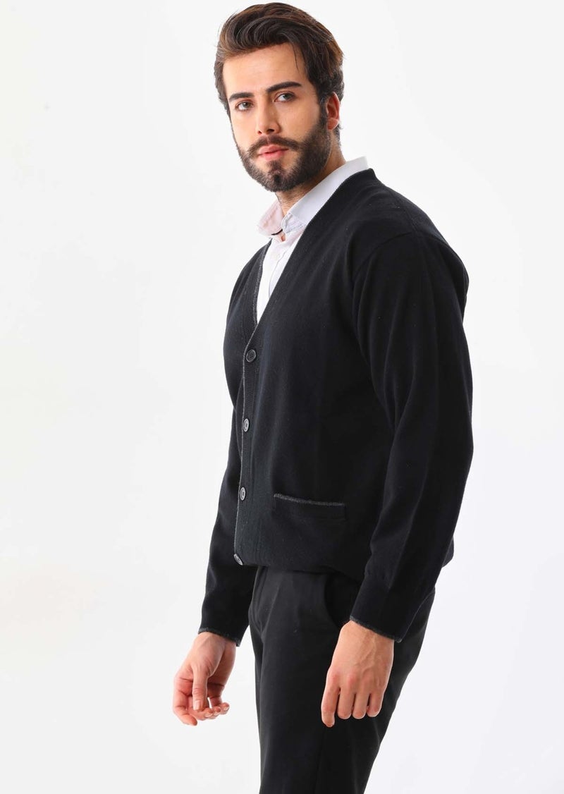 Sanfa Men's V Neck Pure Wool Cardigan 2634 Black  - Image 2