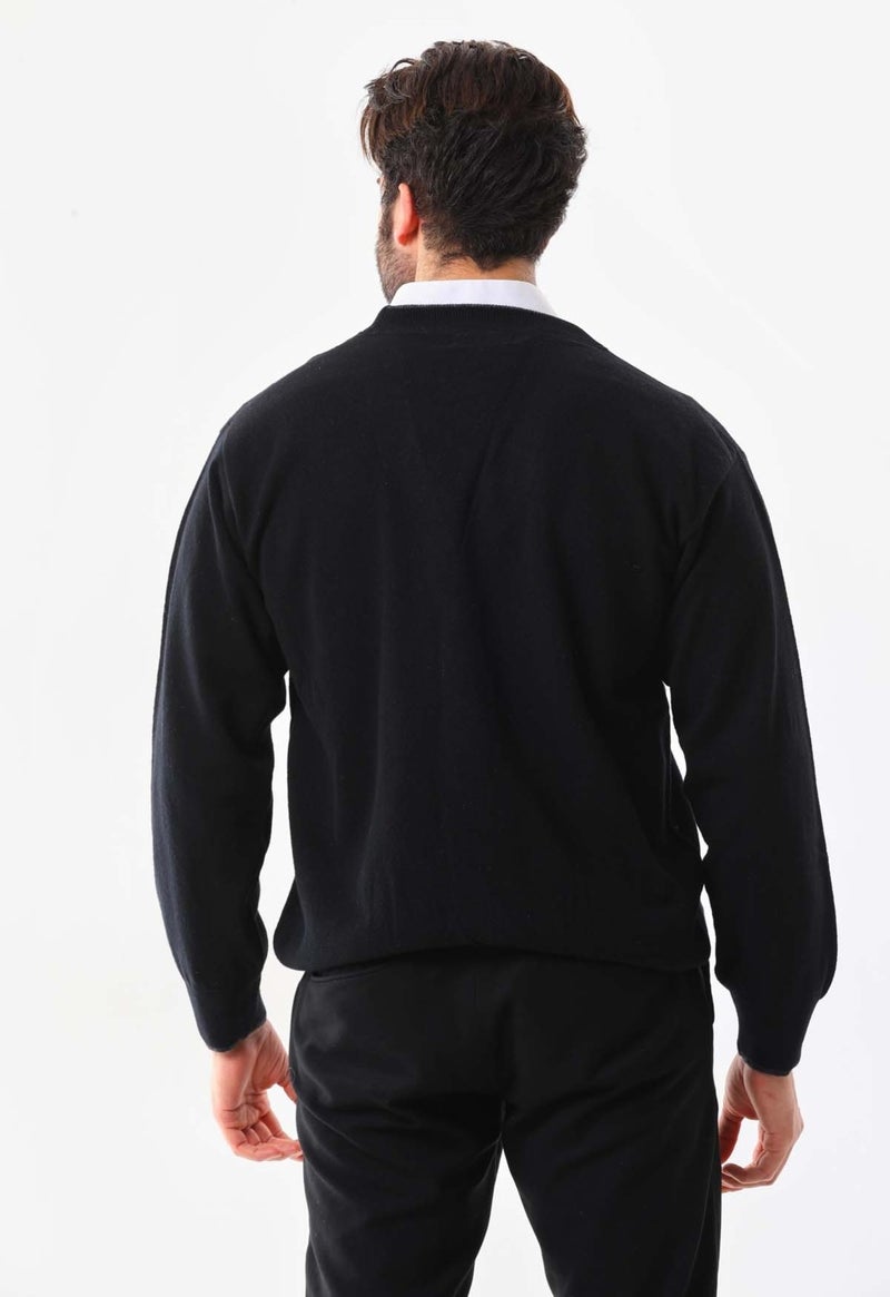 Sanfa Men's V Neck Pure Wool Cardigan 2634 Black  - Image 3