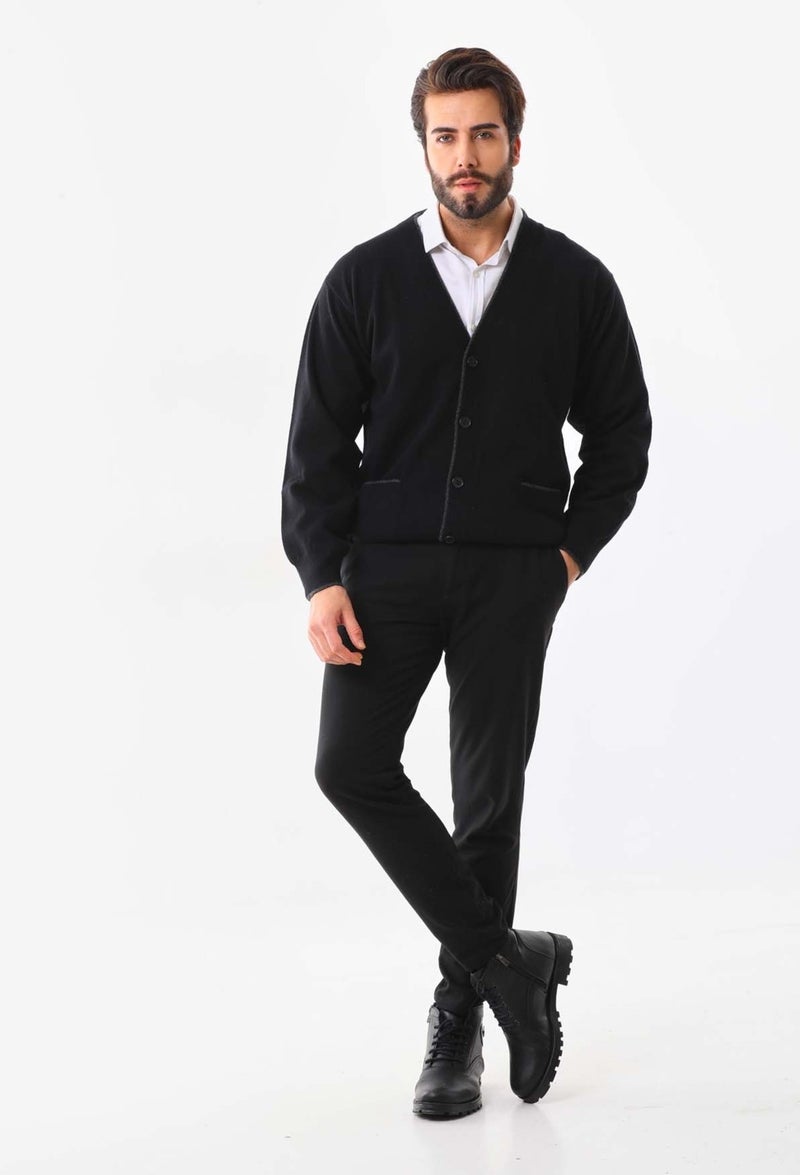 Sanfa Men's V Neck Pure Wool Cardigan 2634 Black  - Image 1