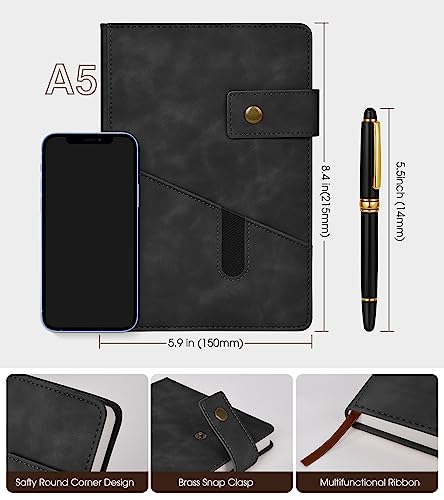 vfaejll Black A5 Lined Leather Journal Notebook for Men Women,5.9" X 8.4" Personalized Hardcover Journal with Pen,200 Pages 100 Gsm Thick Ruled Paper Daily Diary for School,Travel,Work,Writing - Image 2