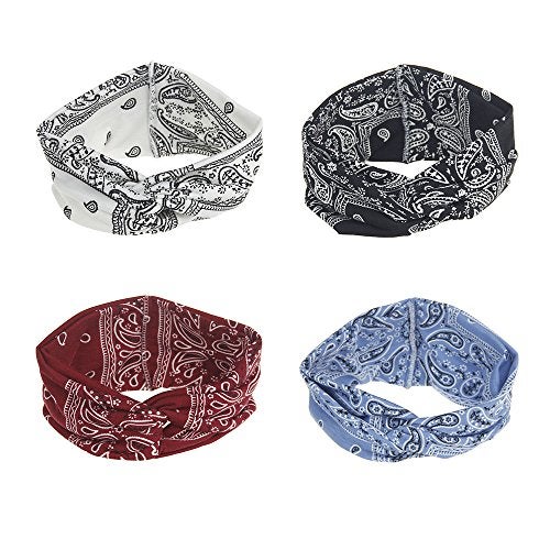 DINPREY Assorted Paisley Print Wide Bandana Knot Headbands Criss Cross Head Wrap Hair Band 4 Colors Pack B