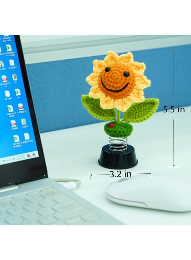 HOMESTAR Sunflower Car Accessories Dashboard Decorations, Crochet Smiley Shaking Sun Flowers Bobblehead Dashboard Car Decor for Women, for Cute Girl Car Interior Desk Ornaments Gifts (H 5.2 in) - Image 2