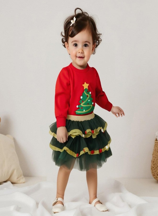 Karuedoo Toddler Baby Girl Chirstmas Outfit Christmas Tree Embroidery Puff Sleeve Shirt Tops Pompoms Tulle Tutu Skirt Set (A-Red, 3-4T) - Image 4