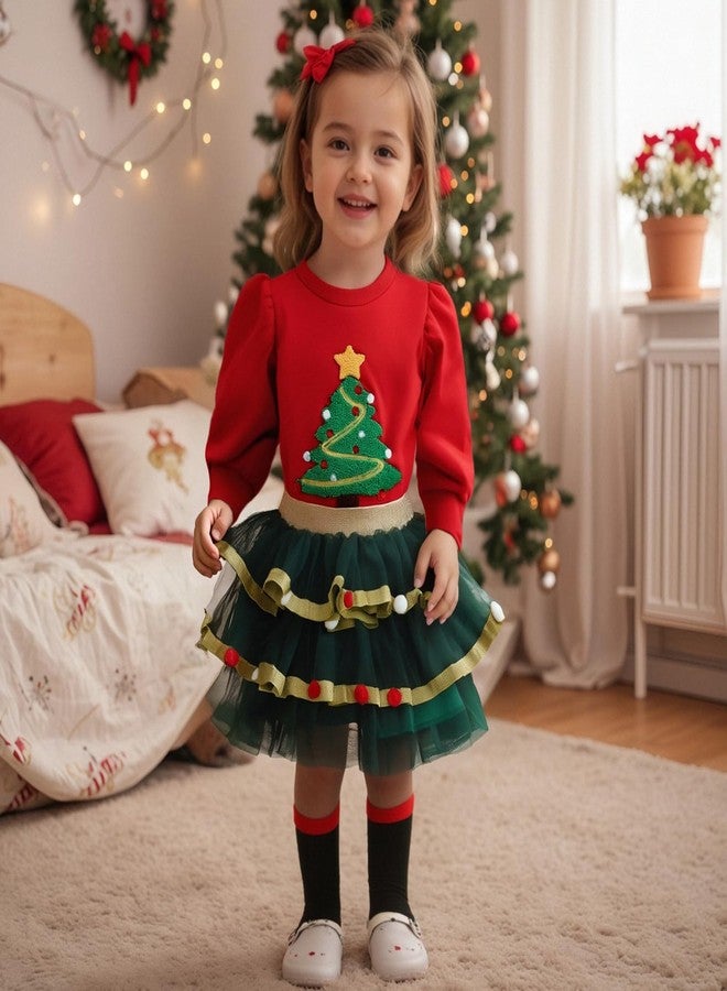 Karuedoo Toddler Baby Girl Chirstmas Outfit Christmas Tree Embroidery Puff Sleeve Shirt Tops Pompoms Tulle Tutu Skirt Set (A-Red, 3-4T) - Image 2