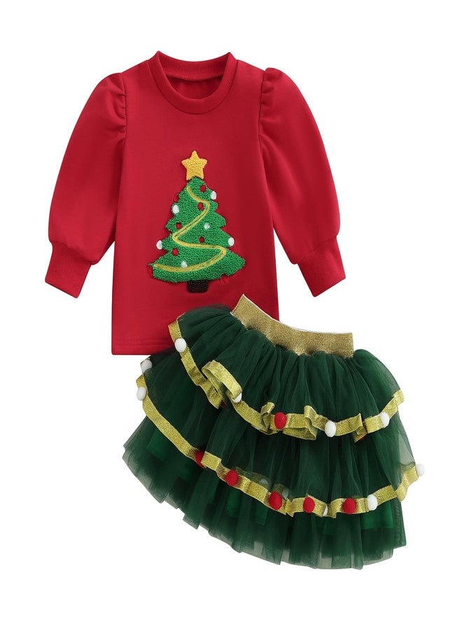 Karuedoo Toddler Baby Girl Chirstmas Outfit Christmas Tree Embroidery Puff Sleeve Shirt Tops Pompoms Tulle Tutu Skirt Set (A-Red, 3-4T) - Image 1