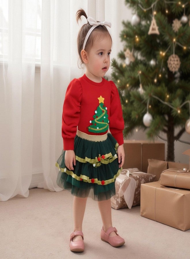 Karuedoo Toddler Baby Girl Chirstmas Outfit Christmas Tree Embroidery Puff Sleeve Shirt Tops Pompoms Tulle Tutu Skirt Set (A-Red, 3-4T) - Image 3