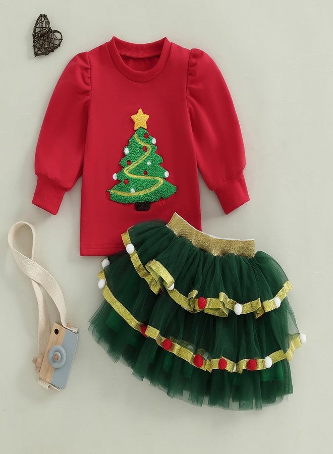 Karuedoo Toddler Baby Girl Chirstmas Outfit Christmas Tree Embroidery Puff Sleeve Shirt Tops Pompoms Tulle Tutu Skirt Set (A-Red, 3-4T) - Image 5