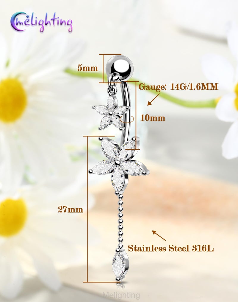 Melighting 14G Lotus Belly Button Ring, Dangle Belly Ring Surgical Steel 316L, Reverse Navel Piercing Jewelry, 10 mm Silver Flower Body Jewellery for Women - Image 4
