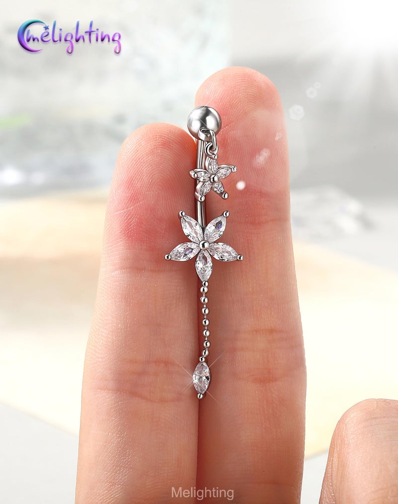 Melighting 14G Lotus Belly Button Ring, Dangle Belly Ring Surgical Steel 316L, Reverse Navel Piercing Jewelry, 10 mm Silver Flower Body Jewellery for Women - Image 2
