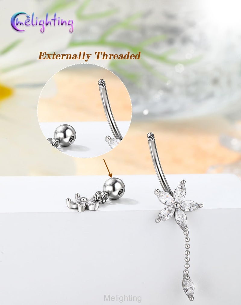 Melighting 14G Lotus Belly Button Ring, Dangle Belly Ring Surgical Steel 316L, Reverse Navel Piercing Jewelry, 10 mm Silver Flower Body Jewellery for Women - Image 5