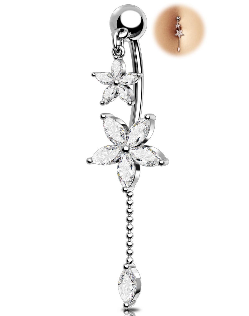 Melighting 14G Lotus Belly Button Ring, Dangle Belly Ring Surgical Steel 316L, Reverse Navel Piercing Jewelry, 10 mm Silver Flower Body Jewellery for Women - Image 1