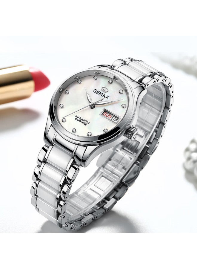 Gemax Women's Automatic Mechanical Watch Waterproof Calendar Weekday Silver - Image 1