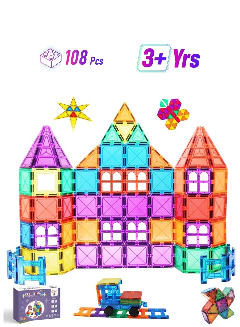 Cuqup 108 Piece Super Strong Magnetic Tiles Set, STEM Magnetic 108pcs Building Blocks Construction, Educational Toy for Early Development & Learning Activity, Best Gift for 3 4 5 6 Year Boys Girls - Image 1