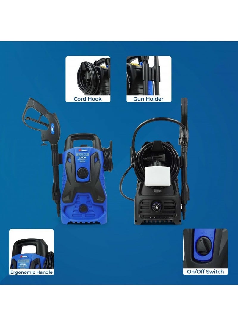 VTOOLS 100 Bar Electric Pressure Washer With 2 Wheels, 5 Meter Hose, Soap Dispenser, 1300 Watt, Auto Stop and Self Priming Mode, For Car, Home & Garden, Blue