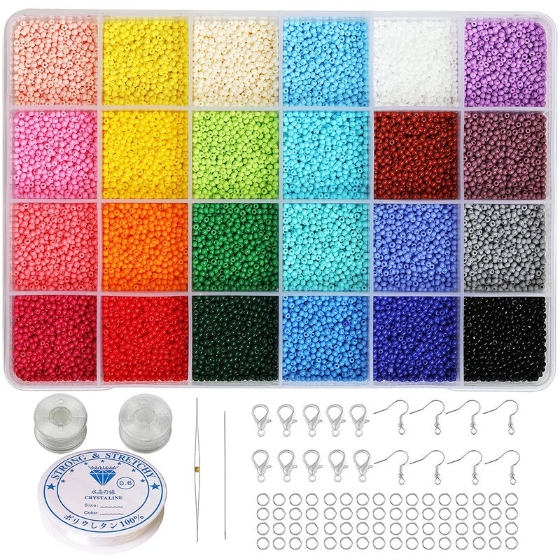 BALABEAD 2mm Round Size Almost Uniform Seed Beads with Beading Tool About 18000pcs in Box 24 Multicolors Assortment 120 Small Glass Craft Seed Beads for Earring Making