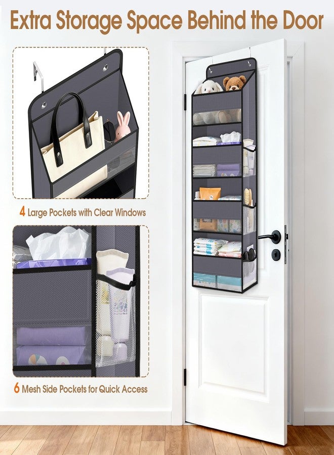 WISELIFE Over The Door Organizer Storage with 4 Large Pockets Door Hanging Organizer with Clear Windows behind The Door Storage for Nursery Bedroom Bathroom Pantry Closet and Baby Essentials Dark Grey - Image 4