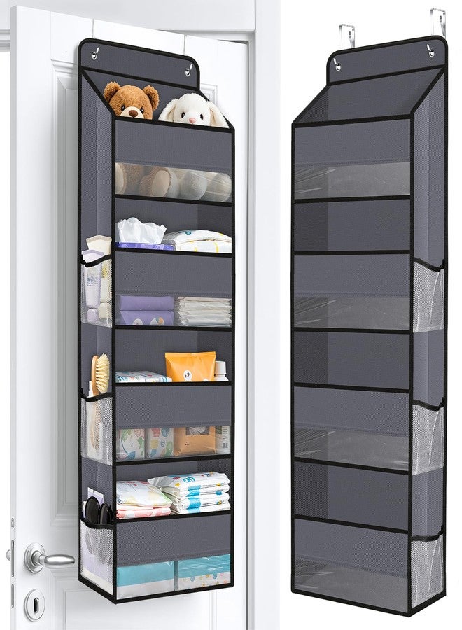 WISELIFE Over The Door Organizer Storage with 4 Large Pockets Door Hanging Organizer with Clear Windows behind The Door Storage for Nursery Bedroom Bathroom Pantry Closet and Baby Essentials Dark Grey - Image 1
