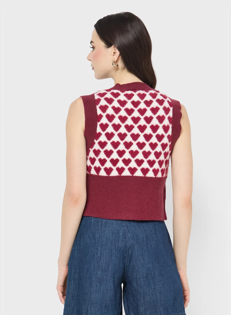 جينجر Loose Knitted Heart Print Vest