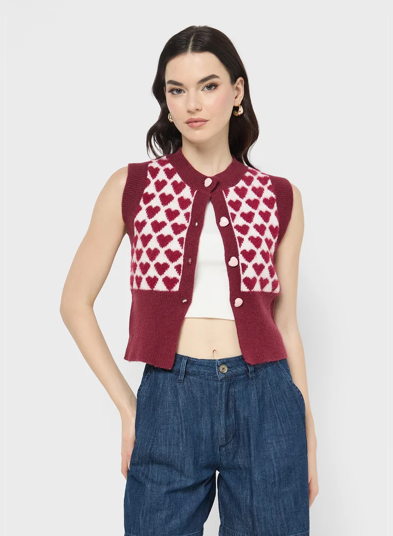 جينجر Loose Knitted Heart Print Vest