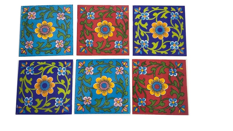 Shiv Kripa Blue Pottery Home Decorative Ceramic Wall Hanging Tile Design Flooring Tiles Floral Kitchen Washroom Mosaic Furniture Tile Handmade Backsplash 6 x 6 Inches Tile 6 x 6 Inch Multi