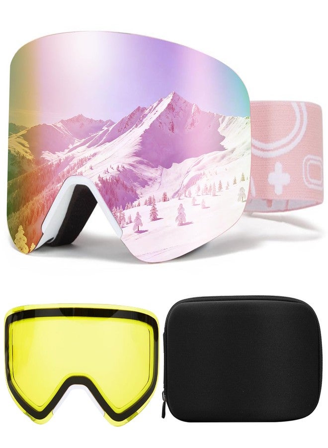 MXJ Gear Ski Goggles,OTG Snowboard Goggles Magnetic Interchangeable Lens,UV Protection Anti-fog,YH879B Snow Goggles for Men Women (White Frame-Full Revo Pink-VLT 16%) - Image 1