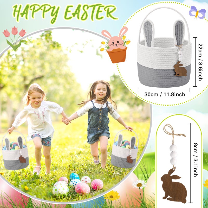 SiliFine Easter Basket for Kids, Easter Bunny Basket with Name Tag Detachable Rabbit Ear Rustic Woven Gift for Girl Boy Baby Spring Party Decoration Supplies(Blue,9" X 7.5") - Image 2