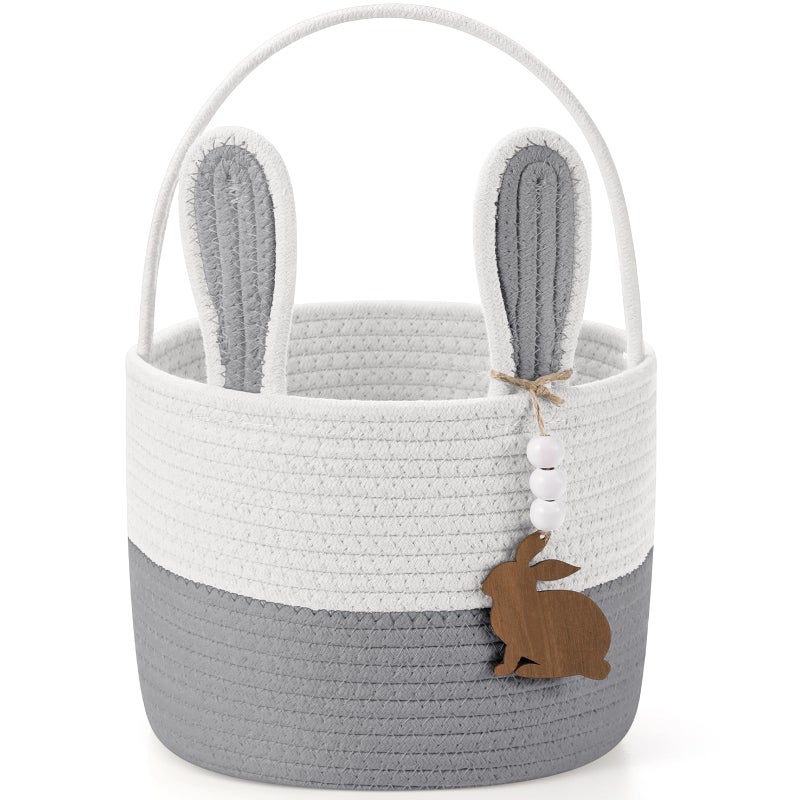 SiliFine Easter Basket for Kids, Easter Bunny Basket with Name Tag Detachable Rabbit Ear Rustic Woven Gift for Girl Boy Baby Spring Party Decoration Supplies(Blue,9" X 7.5") - Image 1
