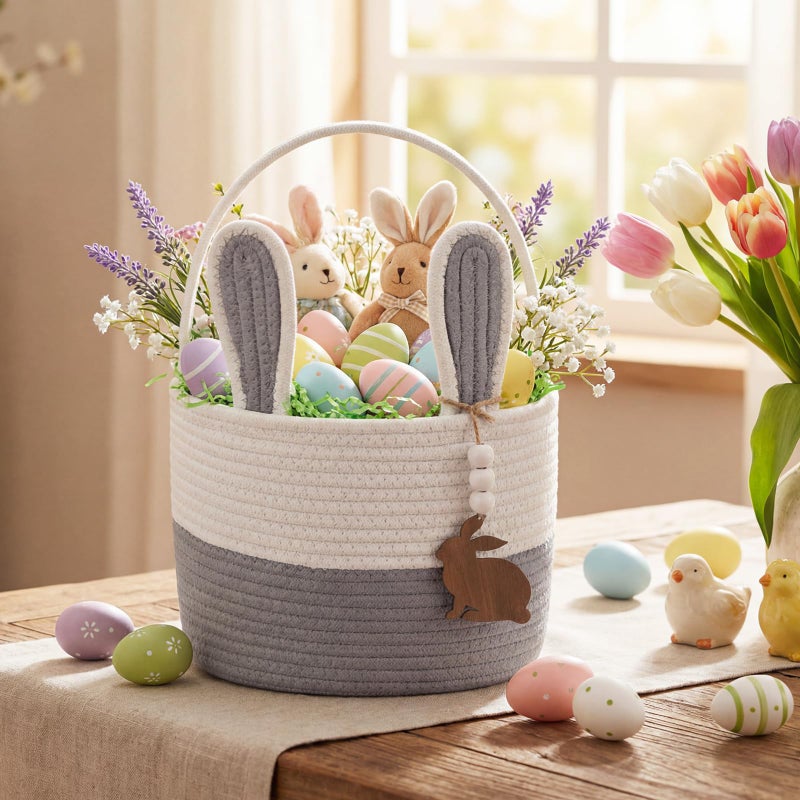 SiliFine Easter Basket for Kids, Easter Bunny Basket with Name Tag Detachable Rabbit Ear Rustic Woven Gift for Girl Boy Baby Spring Party Decoration Supplies(Blue,9" X 7.5") - Image 4