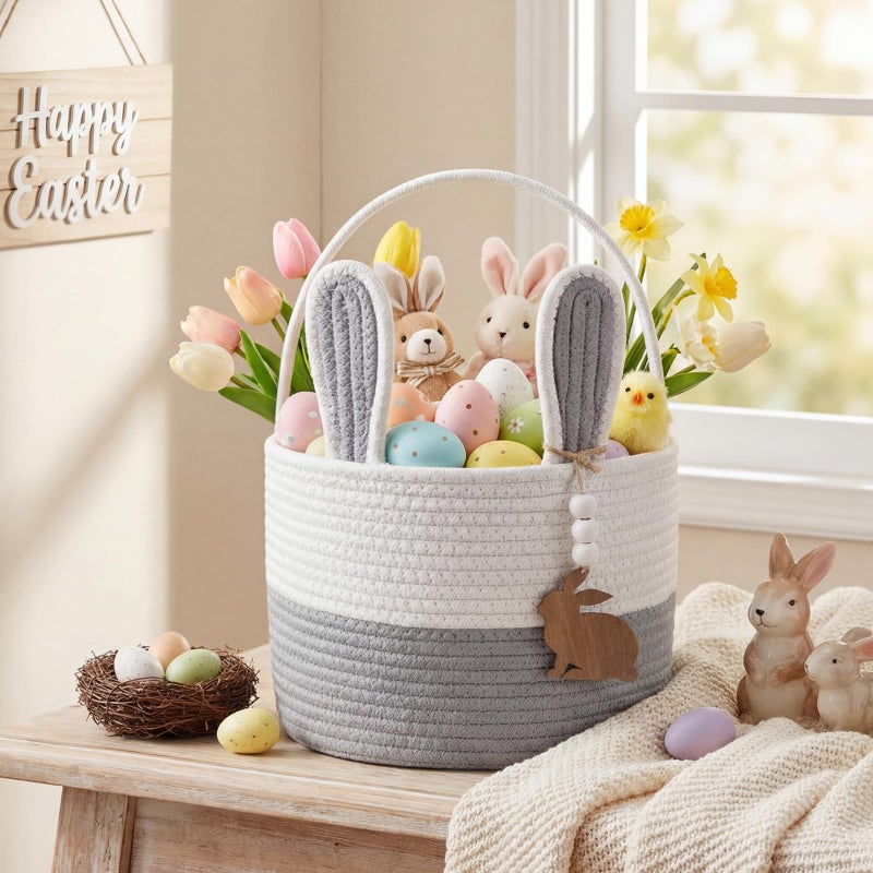 SiliFine Easter Basket for Kids, Easter Bunny Basket with Name Tag Detachable Rabbit Ear Rustic Woven Gift for Girl Boy Baby Spring Party Decoration Supplies(Blue,9" X 7.5") - Image 5