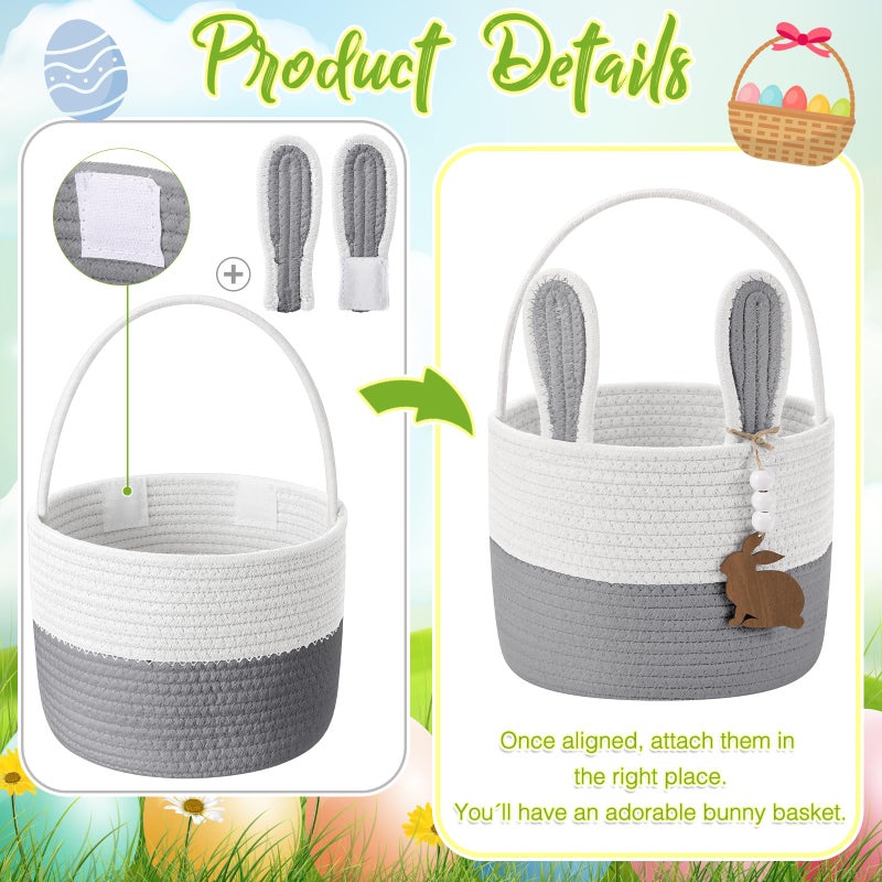 SiliFine Easter Basket for Kids, Easter Bunny Basket with Name Tag Detachable Rabbit Ear Rustic Woven Gift for Girl Boy Baby Spring Party Decoration Supplies(Blue,9" X 7.5") - Image 3
