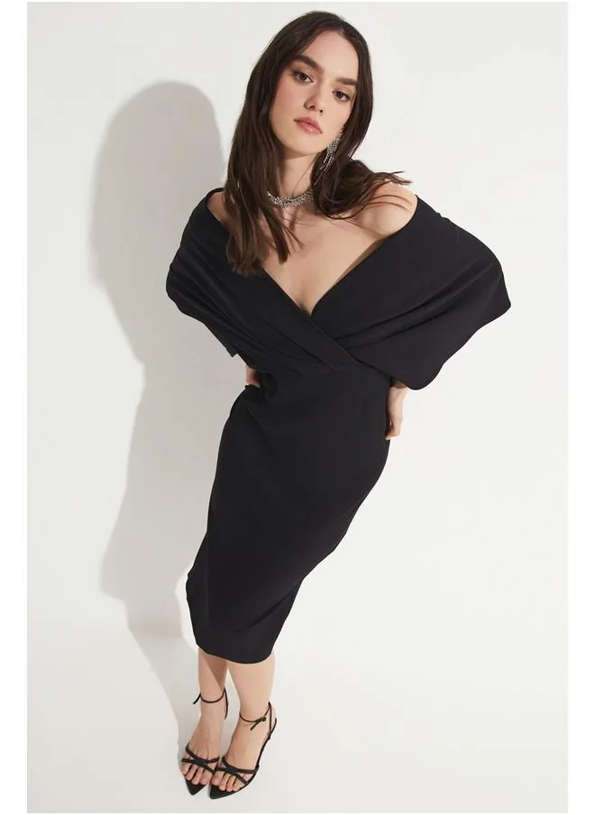 JUNE June Women Fitted Batwing Sleeve Midi Pencil Dress Black