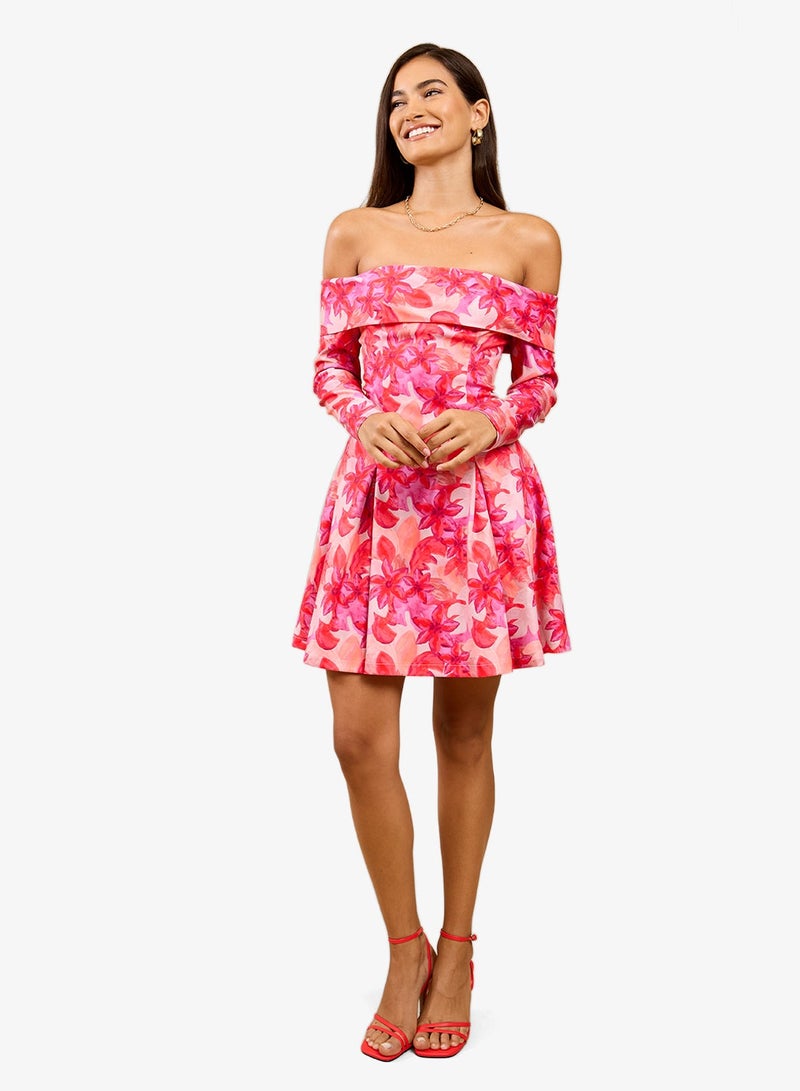 Little Mistress Floral Bardot Mini Dress - Image 1