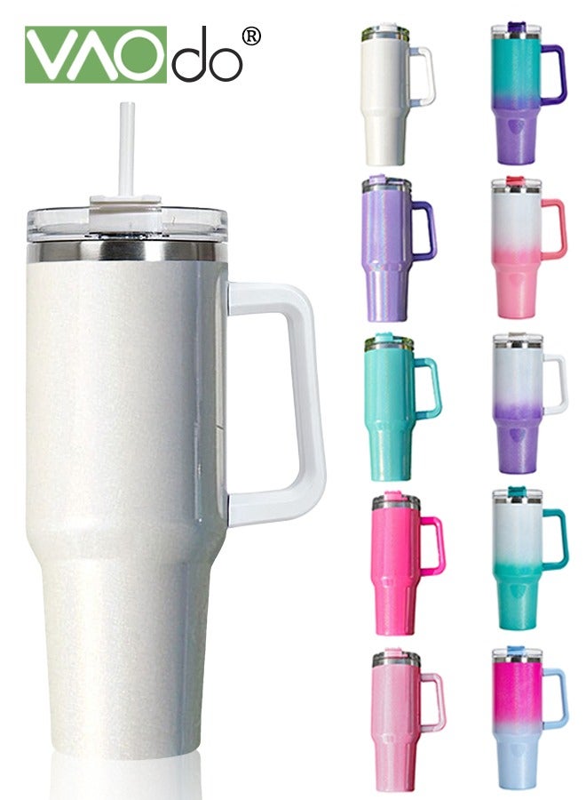 VAOdo 40 oz Tumbler with Handle and Straw Lid Reusable Stainless Steel Water Bottle Travel Mug Cupholder Friendly Insulated Cup Holiday Gifts for Women Men Him Her White 1100ML - Image 1