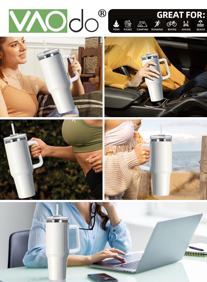 VAOdo 40 oz Tumbler with Handle and Straw Lid Reusable Stainless Steel Water Bottle Travel Mug Cupholder Friendly Insulated Cup Holiday Gifts for Women Men Him Her White 1100ML - Image 5