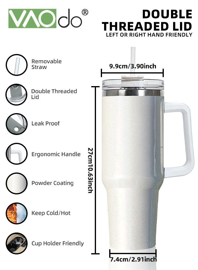 VAOdo 40 oz Tumbler with Handle and Straw Lid Reusable Stainless Steel Water Bottle Travel Mug Cupholder Friendly Insulated Cup Holiday Gifts for Women Men Him Her White 1100ML - Image 3