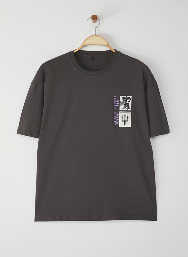 trendyol Art Printed Anthracite Oversize Cotton T-shirt  Short Sleeve - Image 4