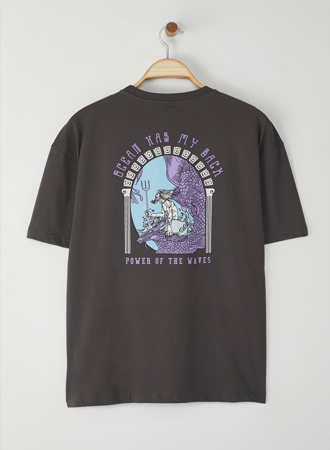 trendyol Art Printed Anthracite Oversize Cotton T-shirt  Short Sleeve - Image 3