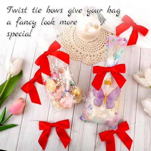 Molain Twist Tie Bows, 50 Pack Red Satin Bows for Crafts 3.5" Pre-Tied Red Ribbon Bows Wedding Favors Ribbon Bows for Gift Wrapping Treat Bag Present Craft Bridal Shower Halloween Thanksgiving - Image 4