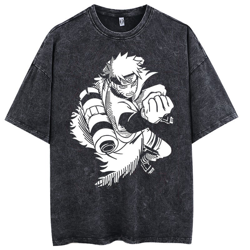 Hip Hop Cotton Solid Color Animation Washing Water Retro Do Style Naruto T-Shirt Printed Old Loose - Image 3
