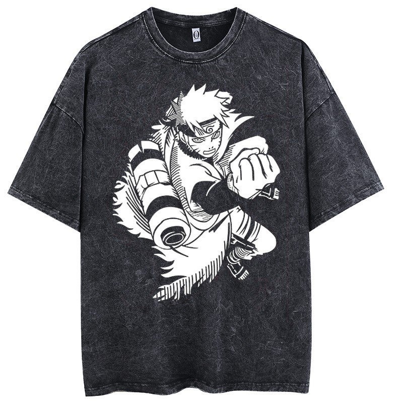 Hip Hop Cotton Solid Color Animation Washing Water Retro Do Style Naruto T-Shirt Printed Old Loose - Image 4